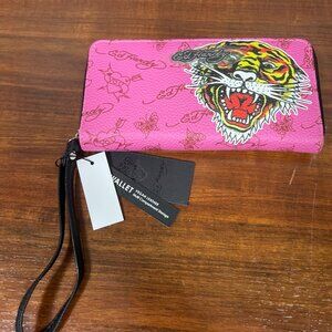 Ed Hardy Zip Around Wristlet Wallet Screaming Tiger Logo Tattoo Pink New